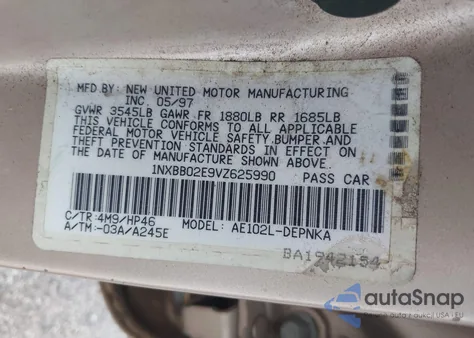 1997 Toyota Corolla Dx z USA, uszkodzony, nr VIN 1NXBB02E9VZ625990